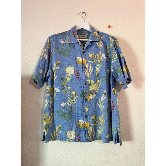 Tommy Bahama Mens Blue Floral Hawaiian Button Up Shirt Original Fit Silk Cotton - Picture 1 of 9